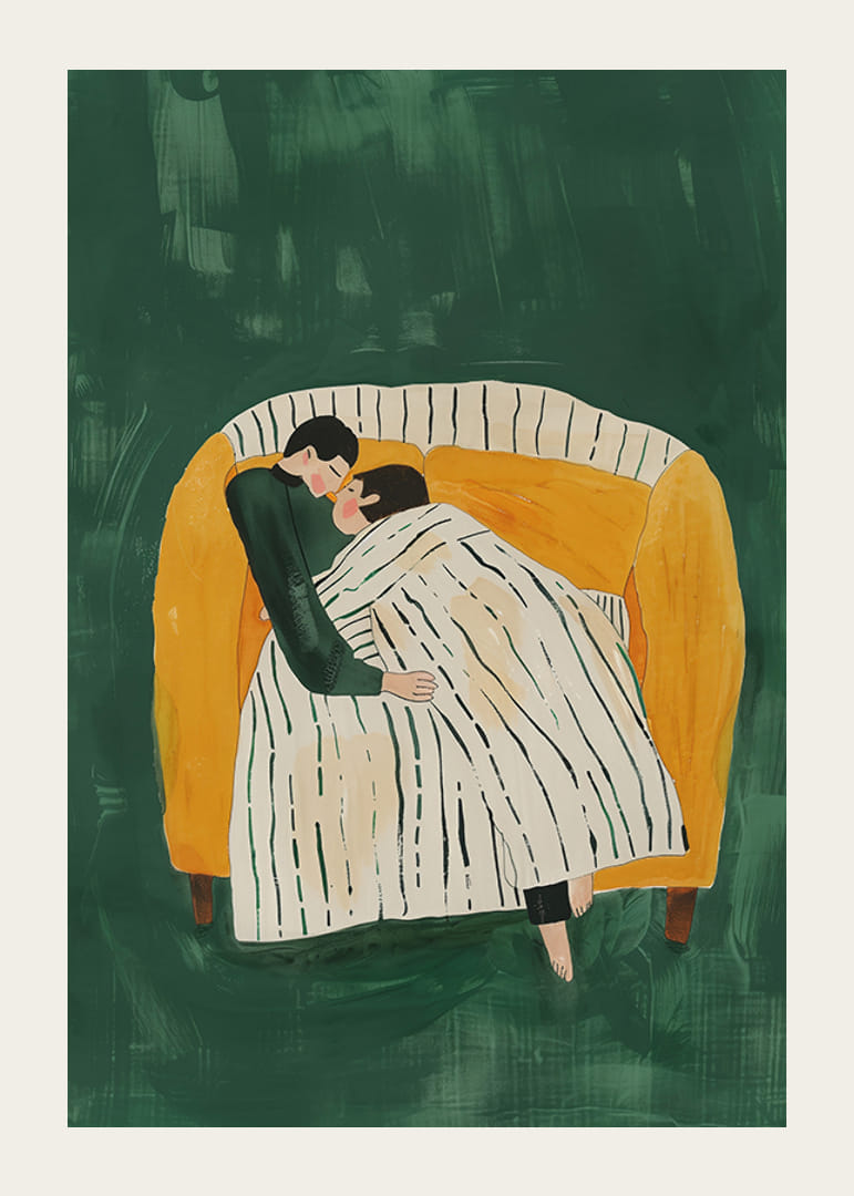 Een poster van een stel dat samen onder een deken op een gele bank rust-12