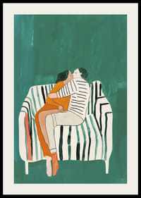 Plagát páru v milujúcom objatí na pruhovanej pohovke-2