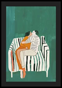A poster of a couple in a loving embrace on a striped sofa-4