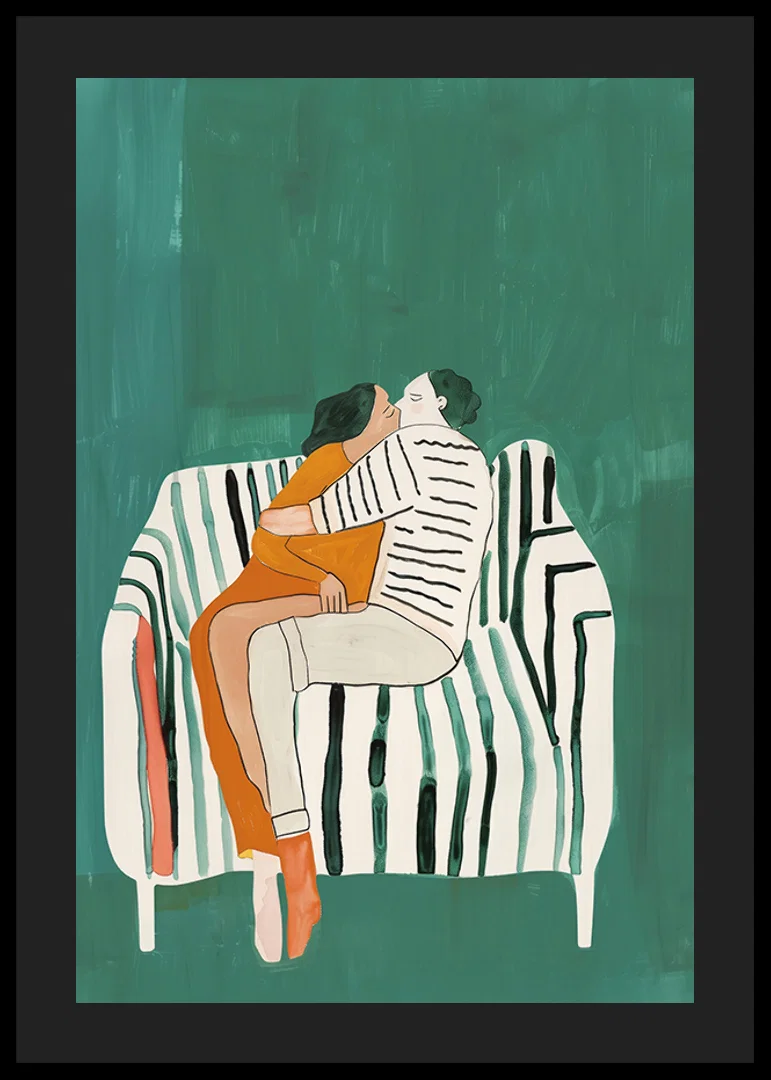 A poster of a couple in a loving embrace on a striped sofa-12