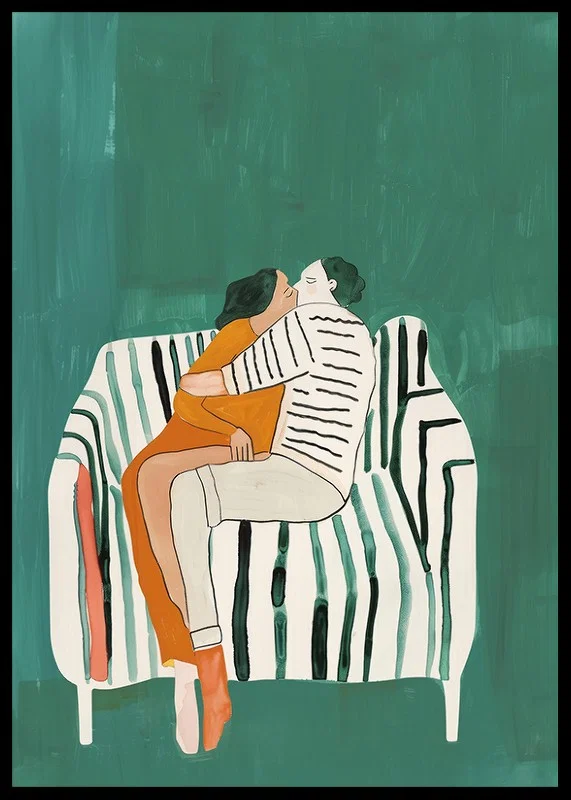 A poster of a couple in a loving embrace on a striped sofa-12