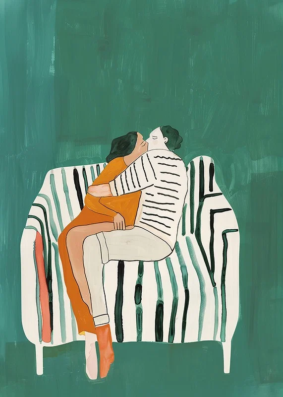 A poster of a couple in a loving embrace on a striped sofa-12