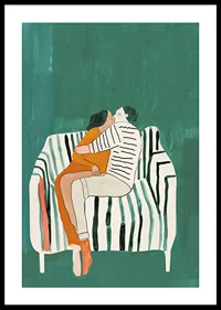 A poster of a couple in a loving embrace on a striped sofa-0