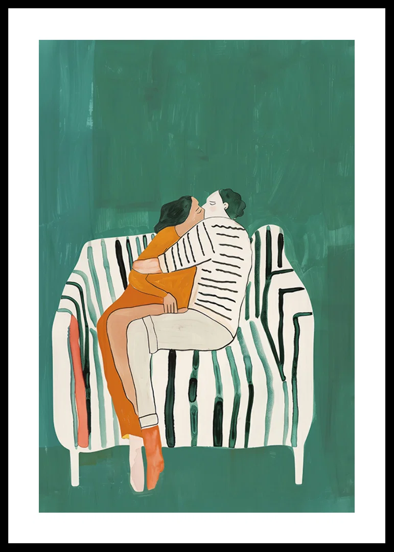 A poster of a couple in a loving embrace on a striped sofa-12