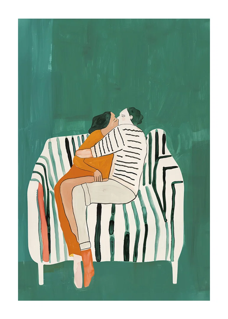 A poster of a couple in a loving embrace on a striped sofa-12