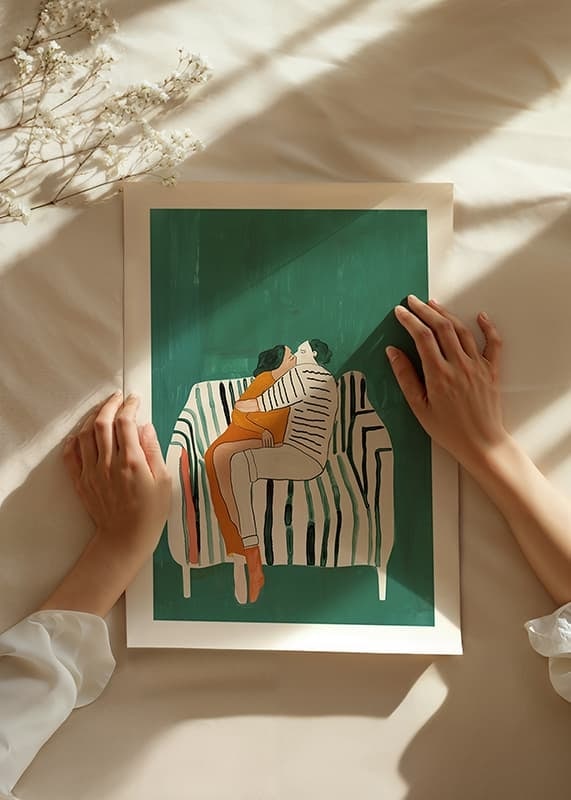 En poster av ett par i en kärleksfull omfamning på en randig soffa-12