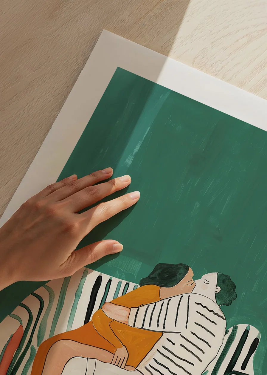 A poster of a couple in a loving embrace on a striped sofa-12