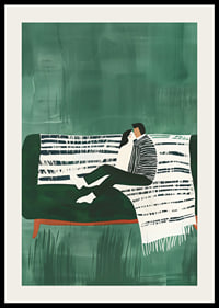 A poster of a couple sitting close together on a green sofa-2