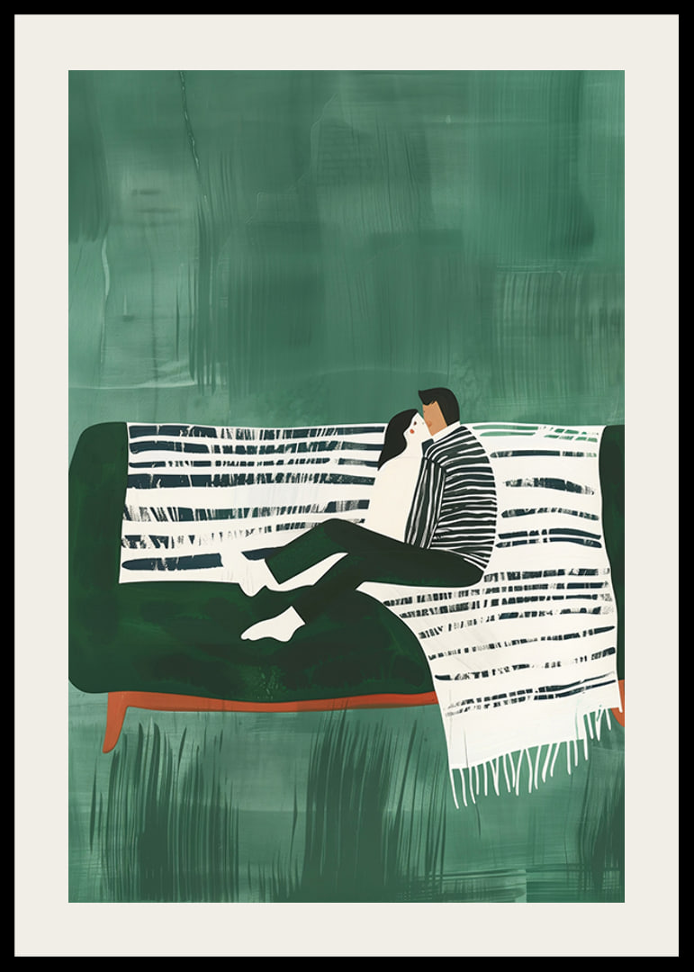 A poster of a couple sitting close together on a green sofa-12