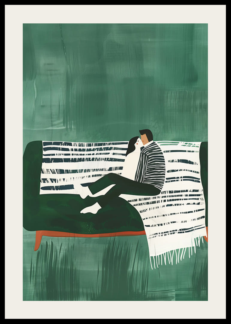 Une affiche d'un couple assis côte à côte sur un canapé vert-12