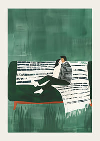 A poster of a couple sitting close together on a green sofa-3