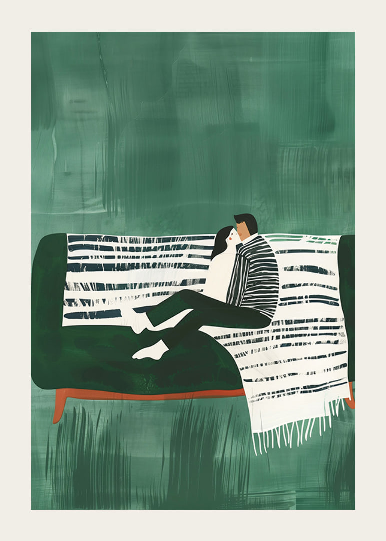 A poster of a couple sitting close together on a green sofa-12