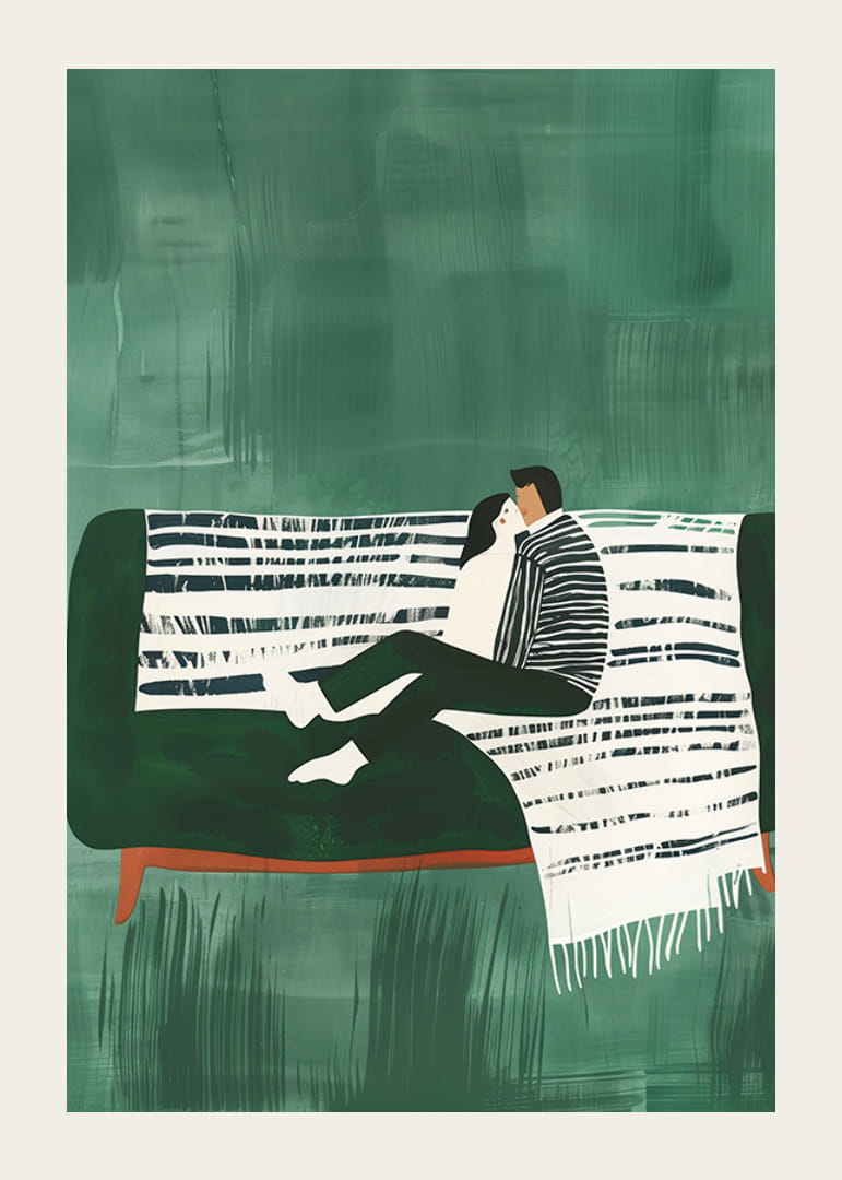 Une affiche d'un couple assis côte à côte sur un canapé vert-12