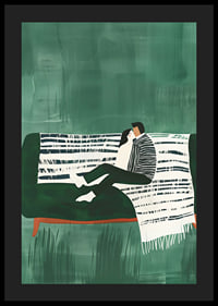 A poster of a couple sitting close together on a green sofa-4