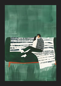 A poster of a couple sitting close together on a green sofa-5