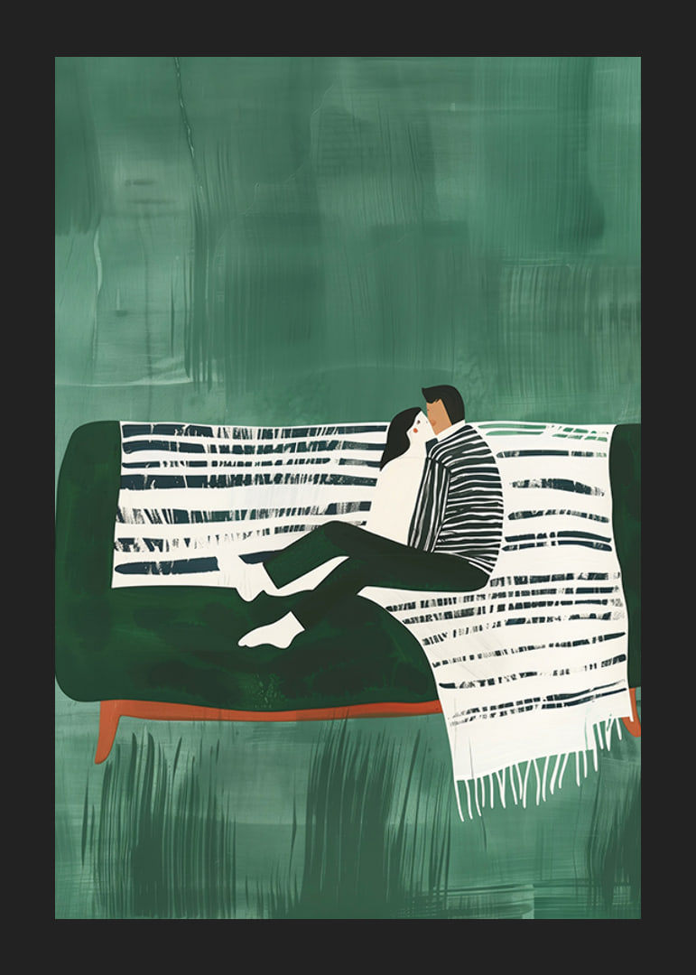 A poster of a couple sitting close together on a green sofa-12