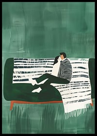A poster of a couple sitting close together on a green sofa-6