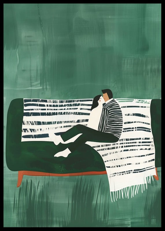 A poster of a couple sitting close together on a green sofa-12