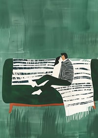 A poster of a couple sitting close together on a green sofa-7