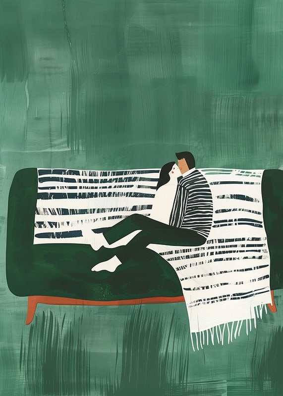 A poster of a couple sitting close together on a green sofa-12