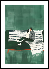 A poster of a couple sitting close together on a green sofa-0