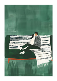 A poster of a couple sitting close together on a green sofa-1