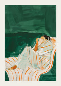 En plakat av en kvinne pakket inn i et stripete teppe-3