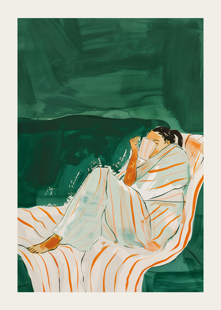 En plakat av en kvinne pakket inn i et stripete teppe-12