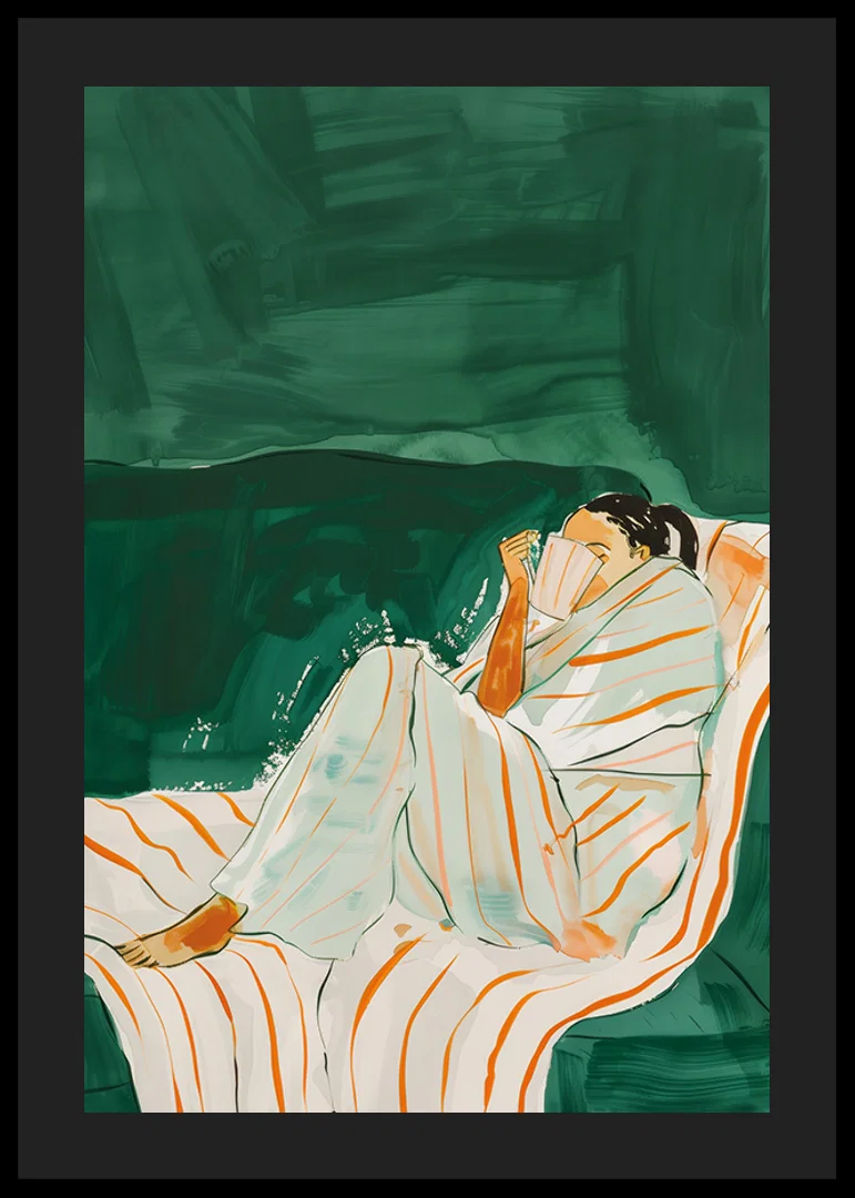 A poster of a woman wrapped in a striped blanket-12
