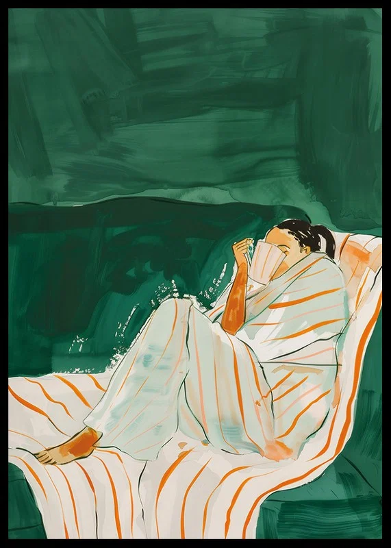 A poster of a woman wrapped in a striped blanket-12