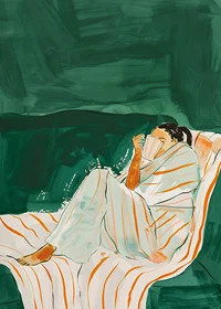 A poster of a woman wrapped in a striped blanket-7