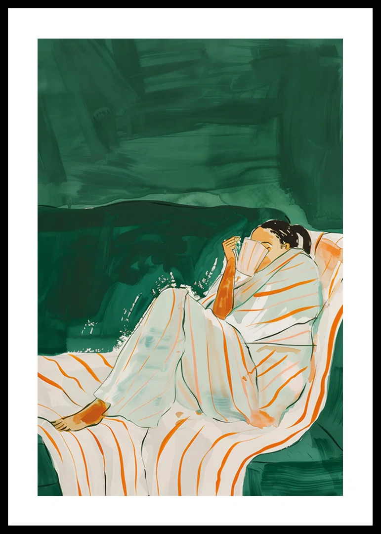 A poster of a woman wrapped in a striped blanket-12