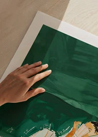 A poster of a woman wrapped in a striped blanket-9