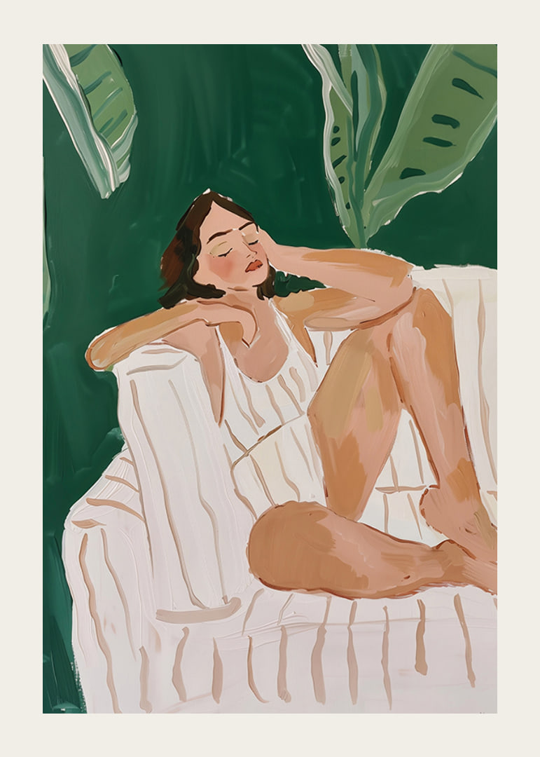 A poster of a woman resting in a tropical setting-12