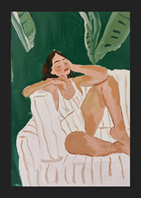 A poster of a woman resting in a tropical setting-5