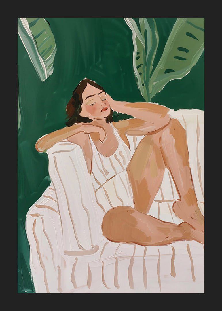 A poster of a woman resting in a tropical setting-12