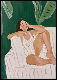 A poster of a woman resting in a tropical setting-6