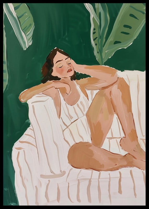 A poster of a woman resting in a tropical setting-12