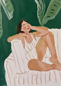 A poster of a woman resting in a tropical setting-7