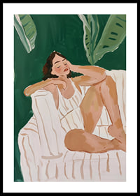 A poster of a woman resting in a tropical setting-0