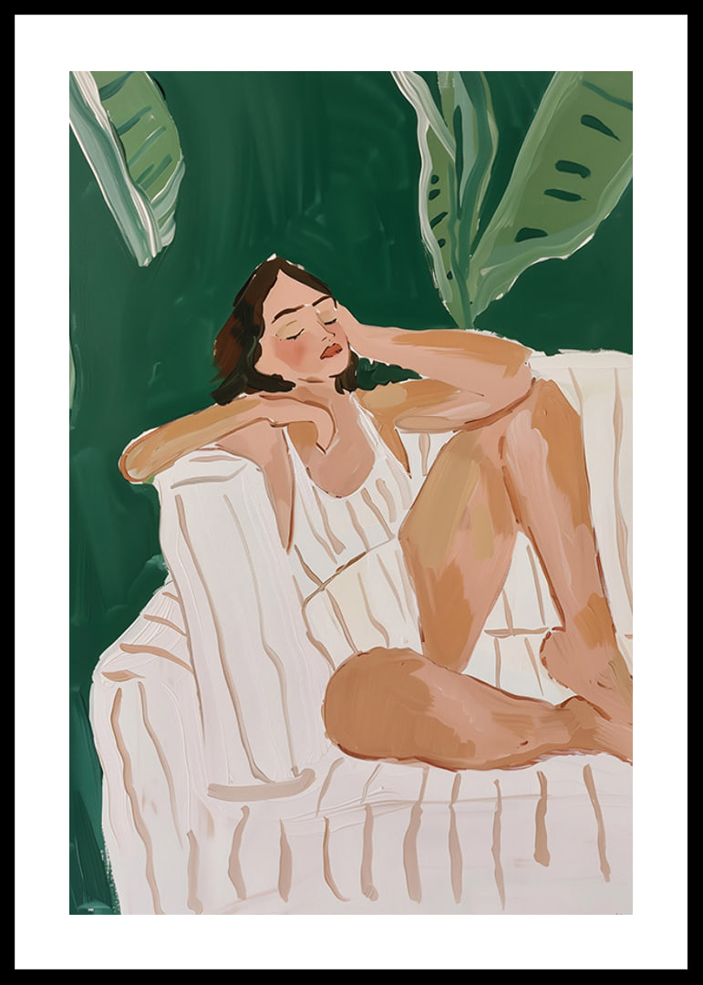 A poster of a woman resting in a tropical setting-12