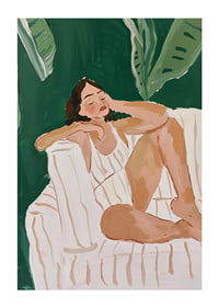 A poster of a woman resting in a tropical setting-1