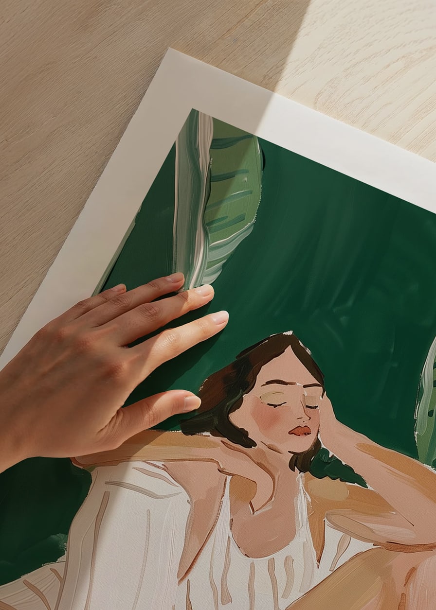 A poster of a woman resting in a tropical setting-12