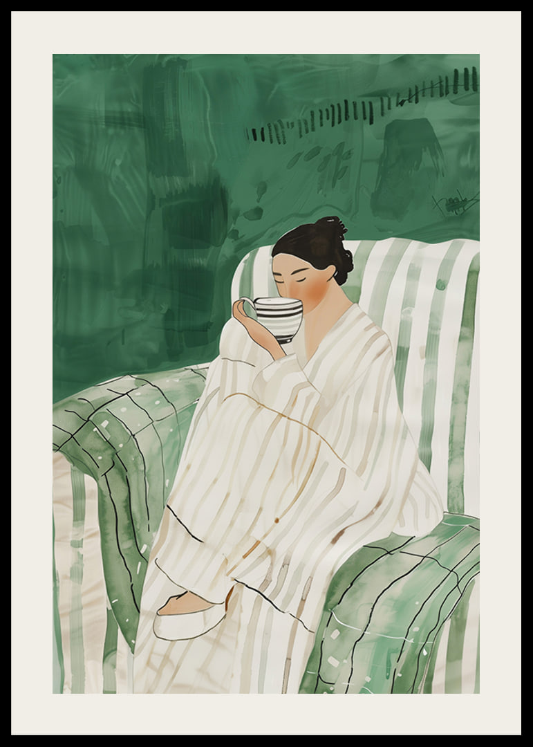 A poster showing a woman in an armchair, wrapped in a bathrobe, enjoying a cup-12