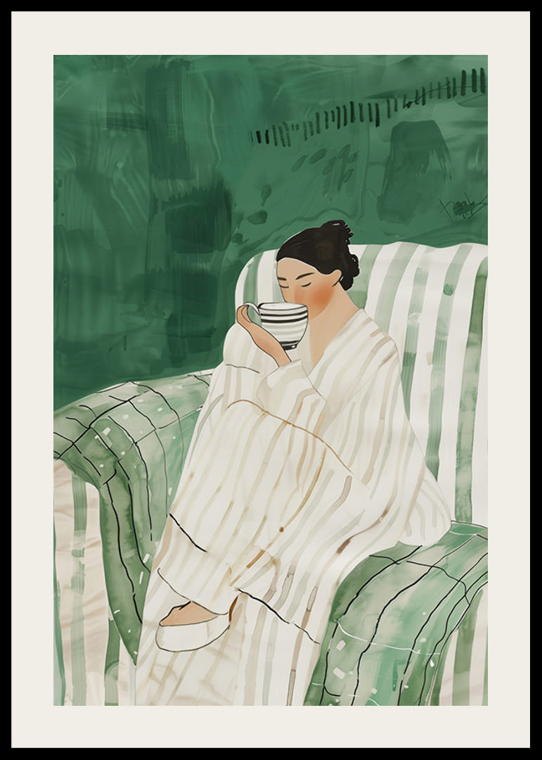 Een poster waarop een vrouw in een leunstoel staat, gewikkeld in een badjas, genietend van een kopje-12