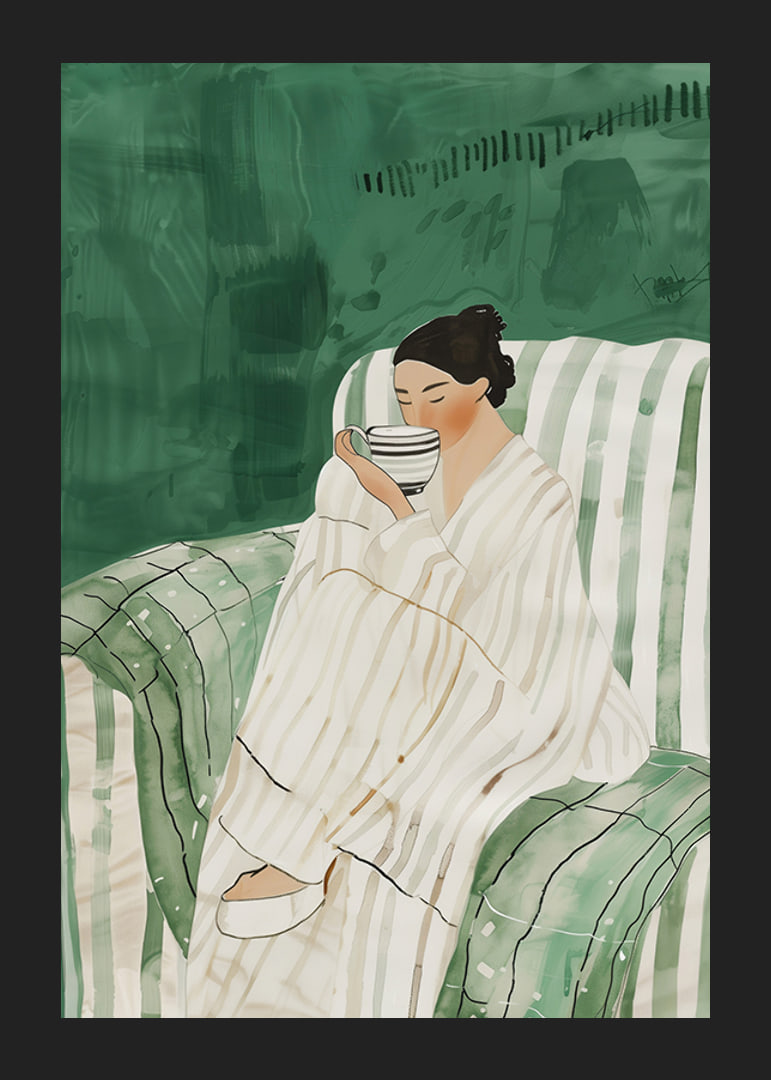 A poster showing a woman in an armchair, wrapped in a bathrobe, enjoying a cup-12
