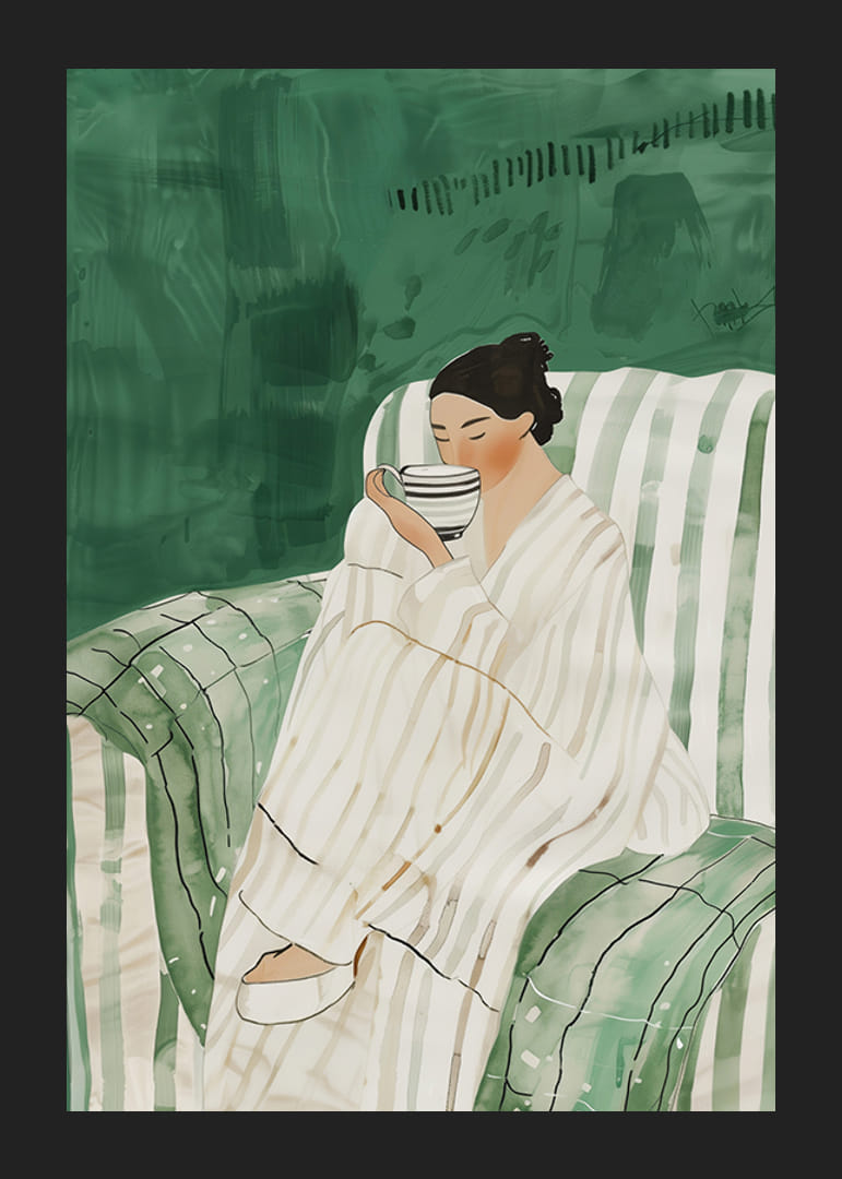 Een poster waarop een vrouw in een leunstoel staat, gewikkeld in een badjas, genietend van een kopje-12