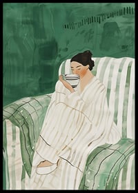 A poster showing a woman in an armchair, wrapped in a bathrobe, enjoying a cup-6