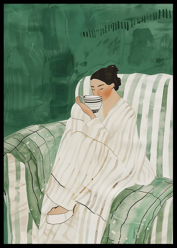 A poster showing a woman in an armchair, wrapped in a bathrobe, enjoying a cup-12