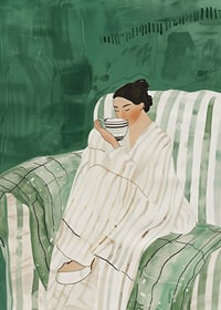 A poster showing a woman in an armchair, wrapped in a bathrobe, enjoying a cup-7